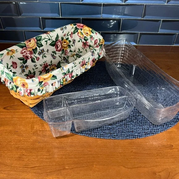 Longaberger signed and dated medium rectangle basket with fabric liner plus Storage